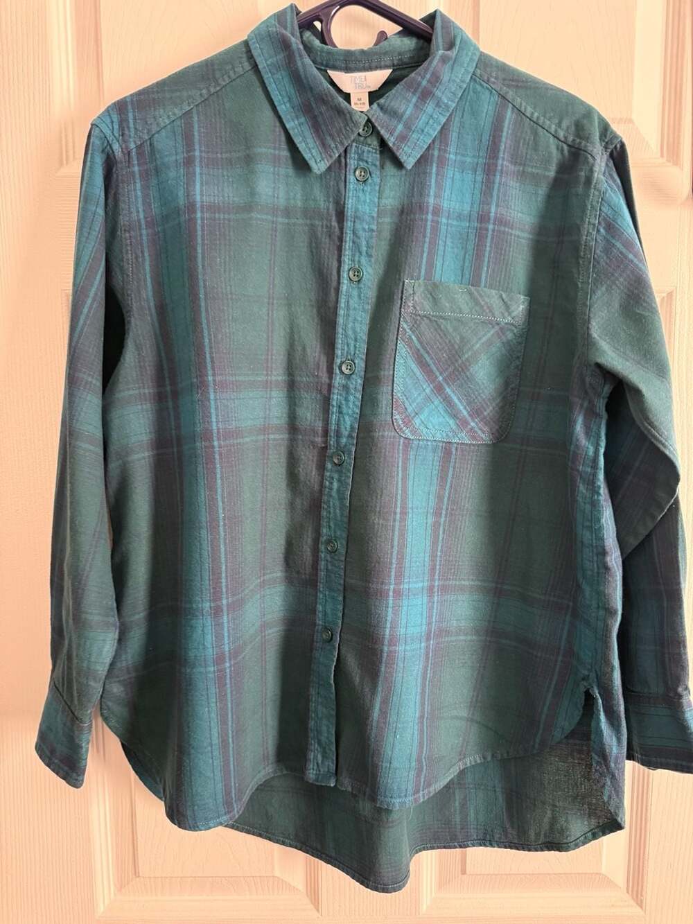 Time and Tru Blue Green Plaid Button-Up Shirt Medium 8-10